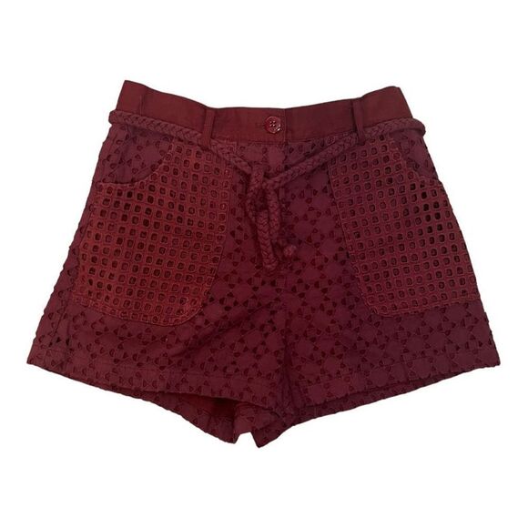 Pinko Pants - Pinko Women's Burgundy Eyelet Lace High-Rise Belted Shorts Size 2